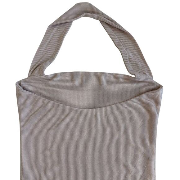 Superdown Revolve Bodysuit Top Halter Ribbed Stretch Open Back Size Medium Taupe - Picture 4 of 10